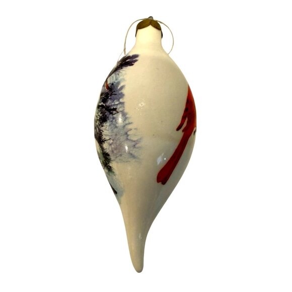Hand-Painted Cardinal Glass Ornament Teardrop Shape Winter Scene Made In USA Hol - Picture 2 of 6